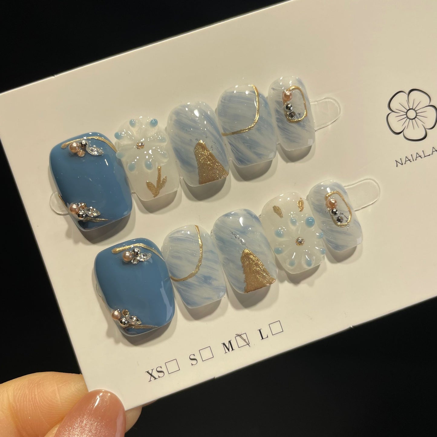 Handmade Press On Nails Short Coffin Blue ice flower-DaH