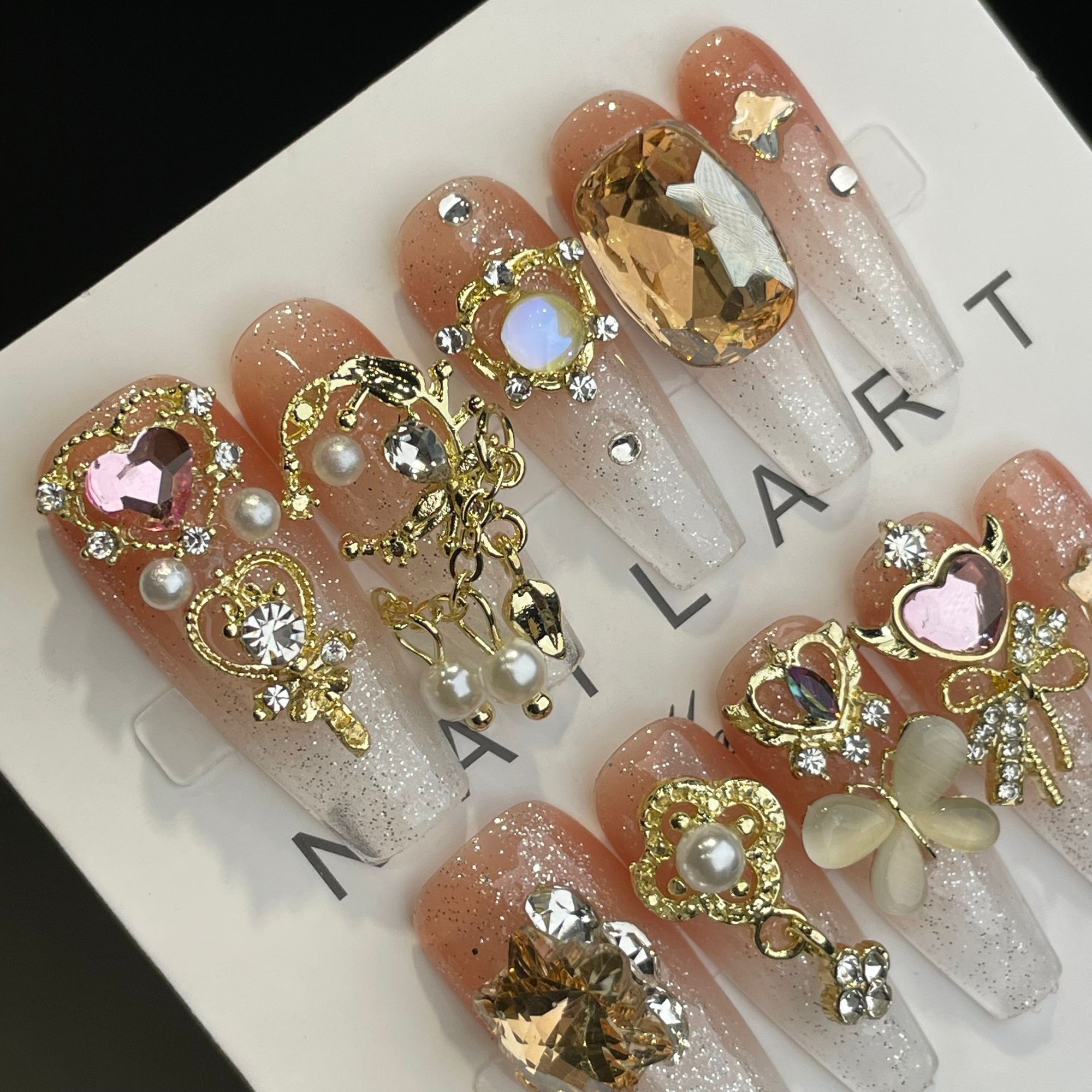 Handmade Press On Nails Long Coffin Gold and jade
