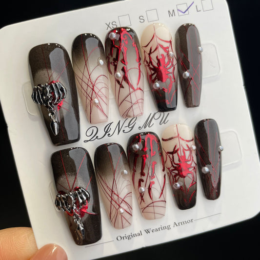 Handmade Press On Nails Long Coffin Spider wrap-QingM