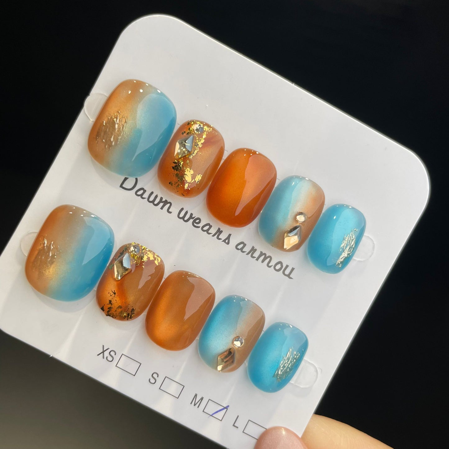 Handmade Press On Nails Short Square Orange and blue of Dunhuang-XiXX