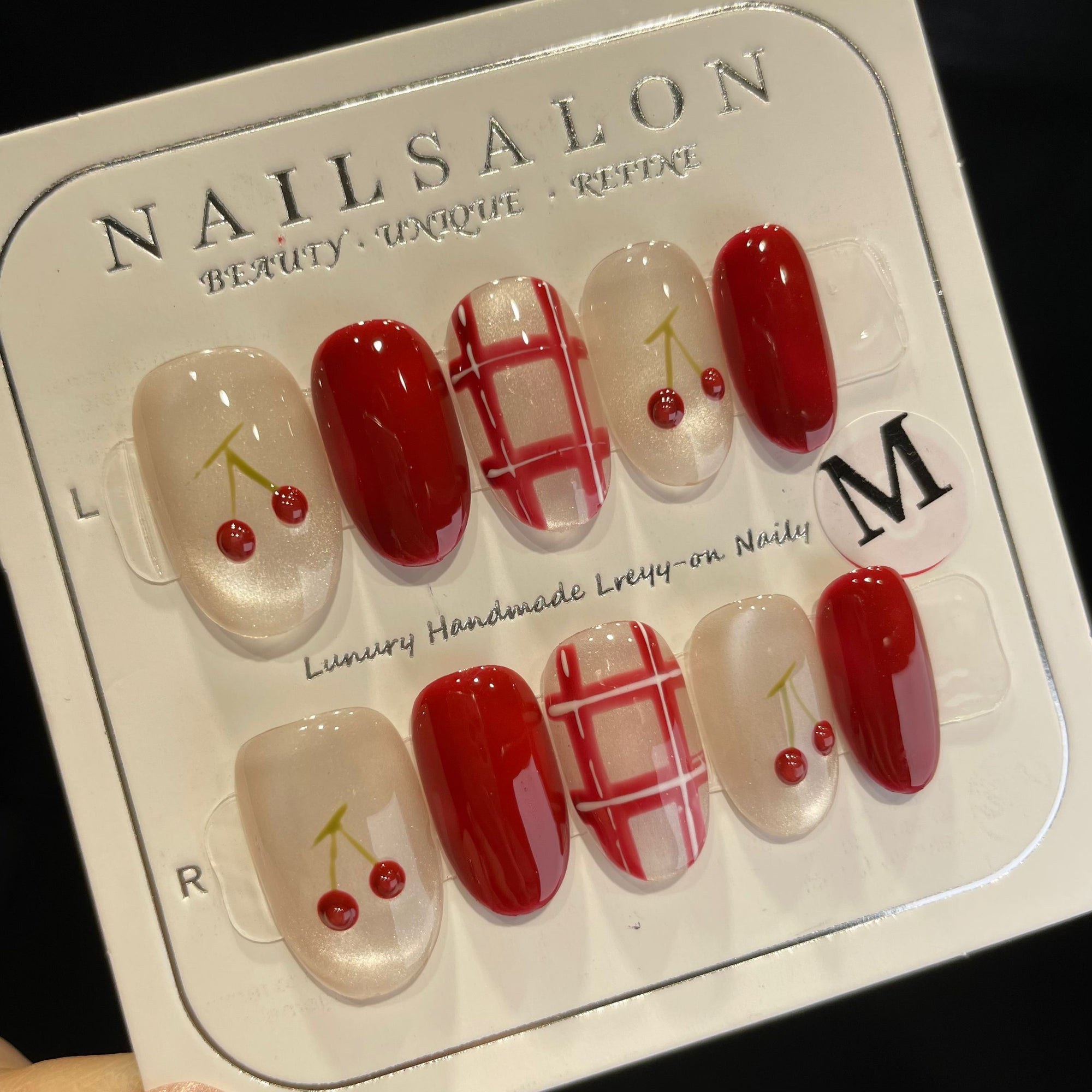 Handmade Press On Nails Short Oval Red cherry check-YiH