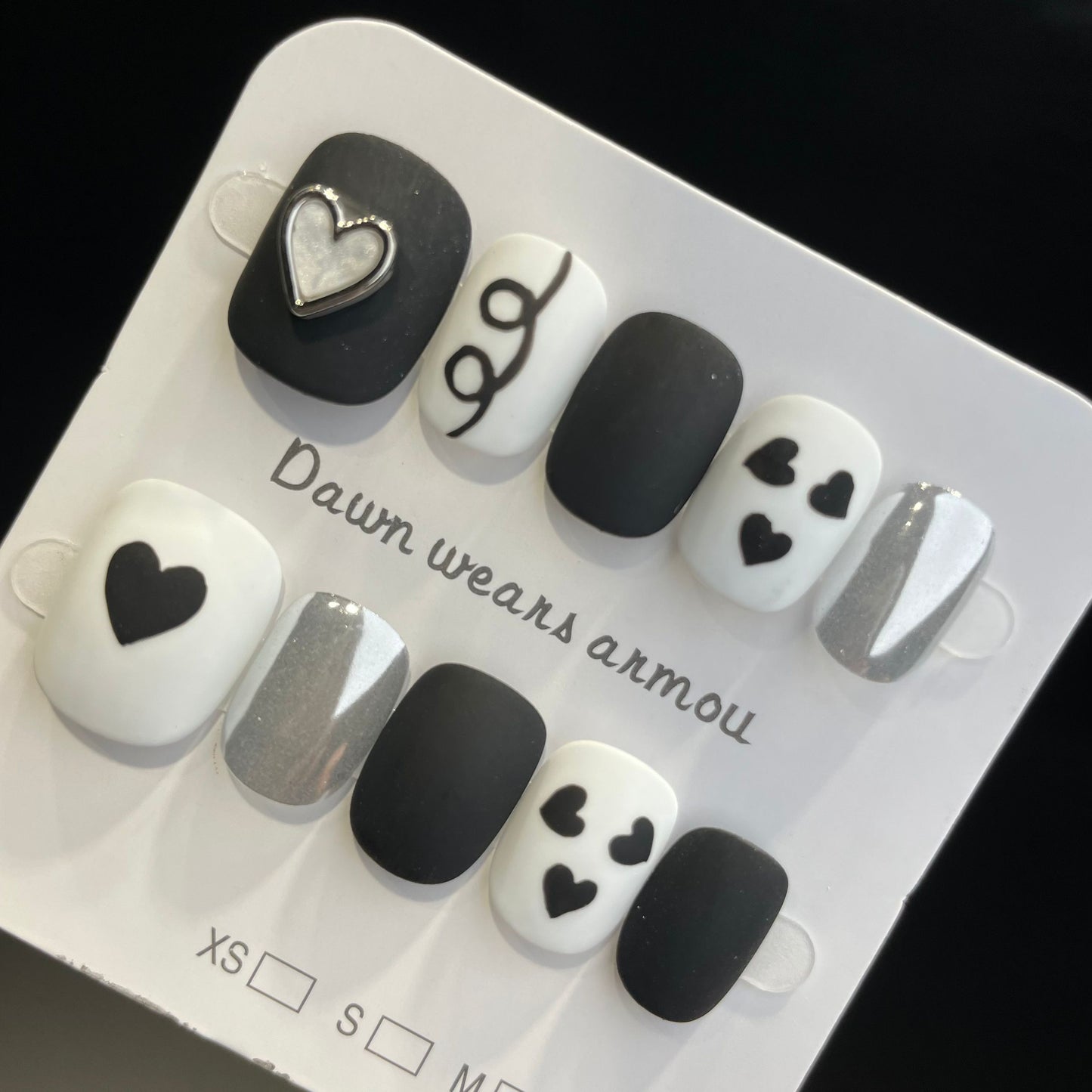 Handmade Press On Nails Short Square Black and white love-XiXX