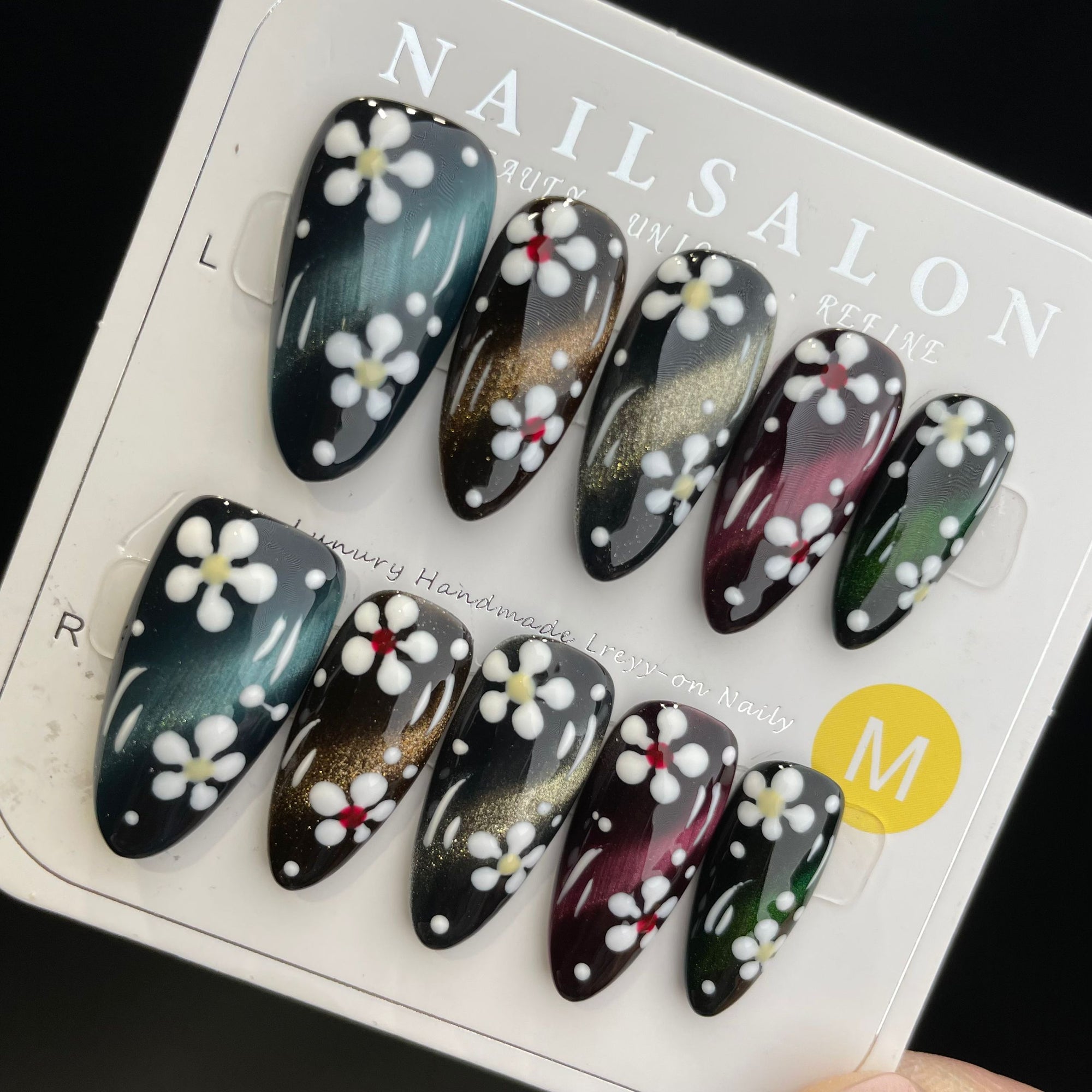 Handmade Press On Nails Long Almond Colorful cat's eye flowers-YiH