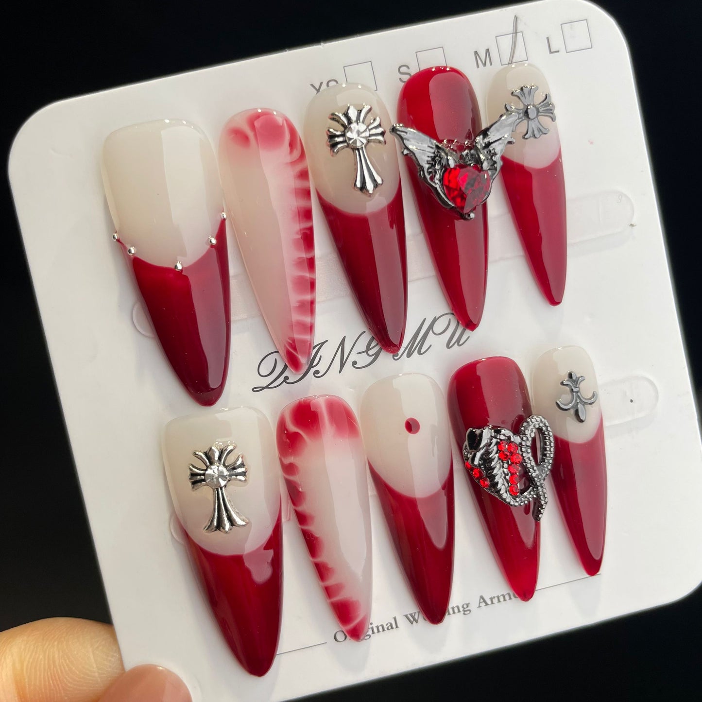 Handmade Press On Nails Long Stiletto Red French cross-QingM