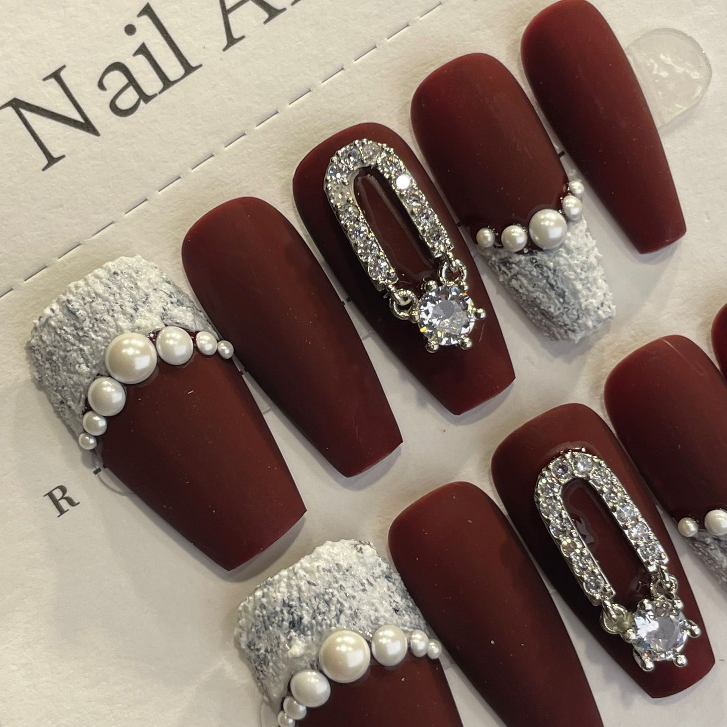 Handmade Press On Nails Long Coffin Luxurious diamond beads