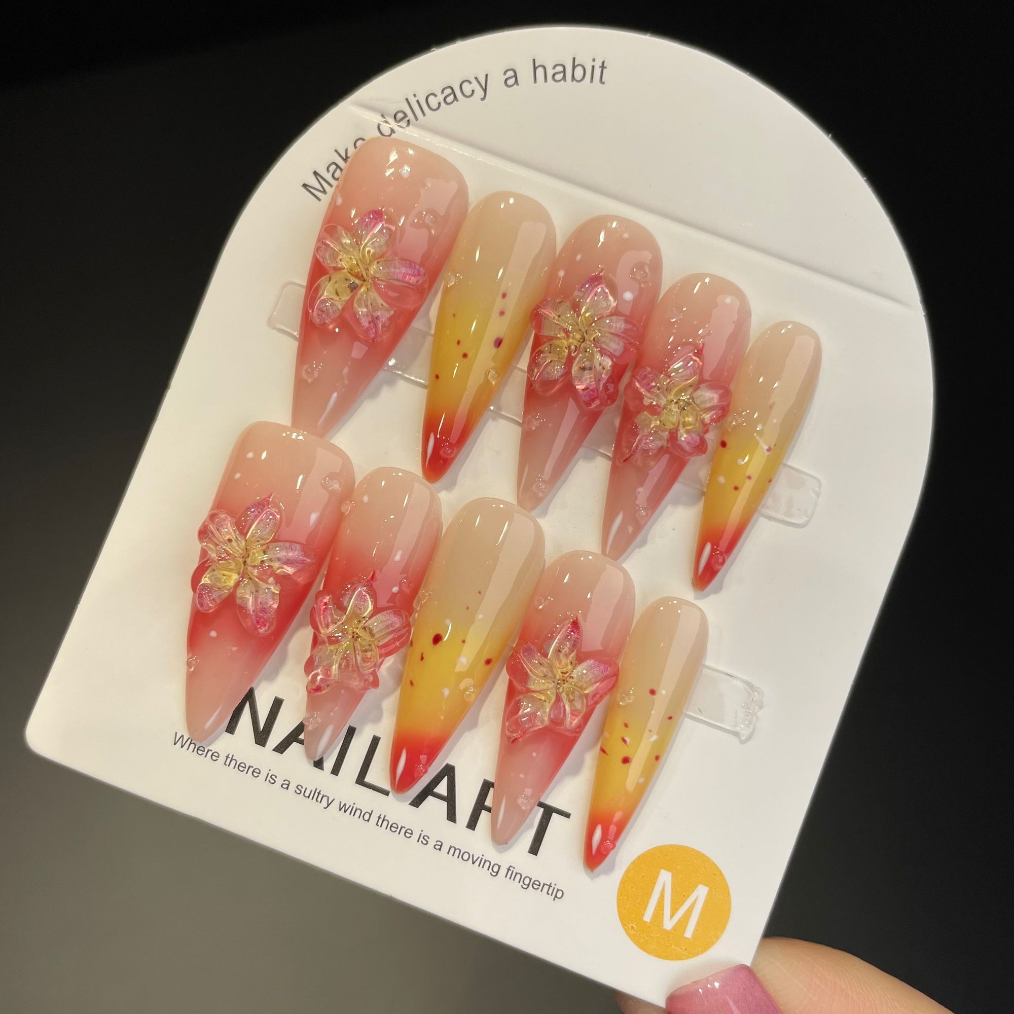 Handmade Press On Nails Long Stiletto Lily gradient ice flower