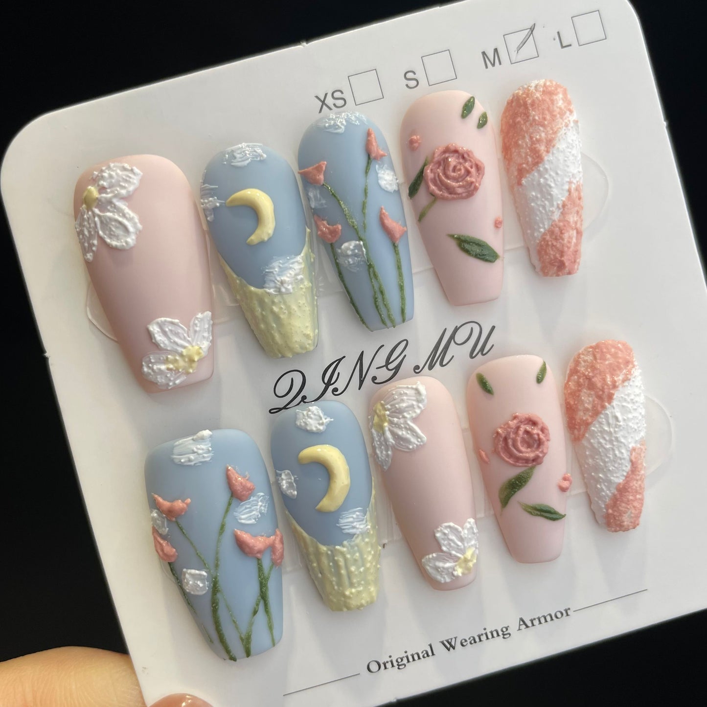 Handmade Press On Nails Long Coffin Oil painting Rose and moon-QingM