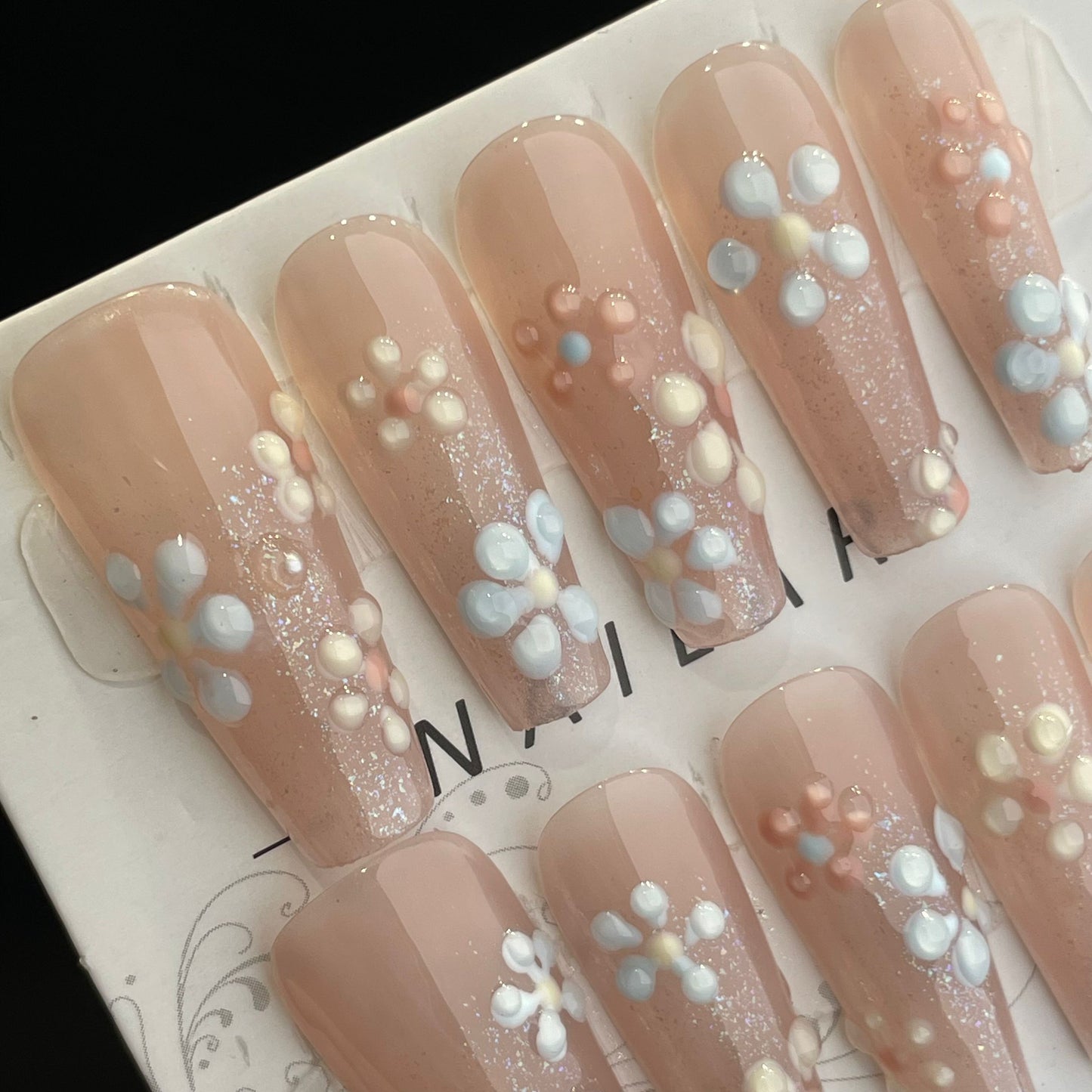 Handmade Press On Nails Long Coffin Pink blue flowers-DaiRS