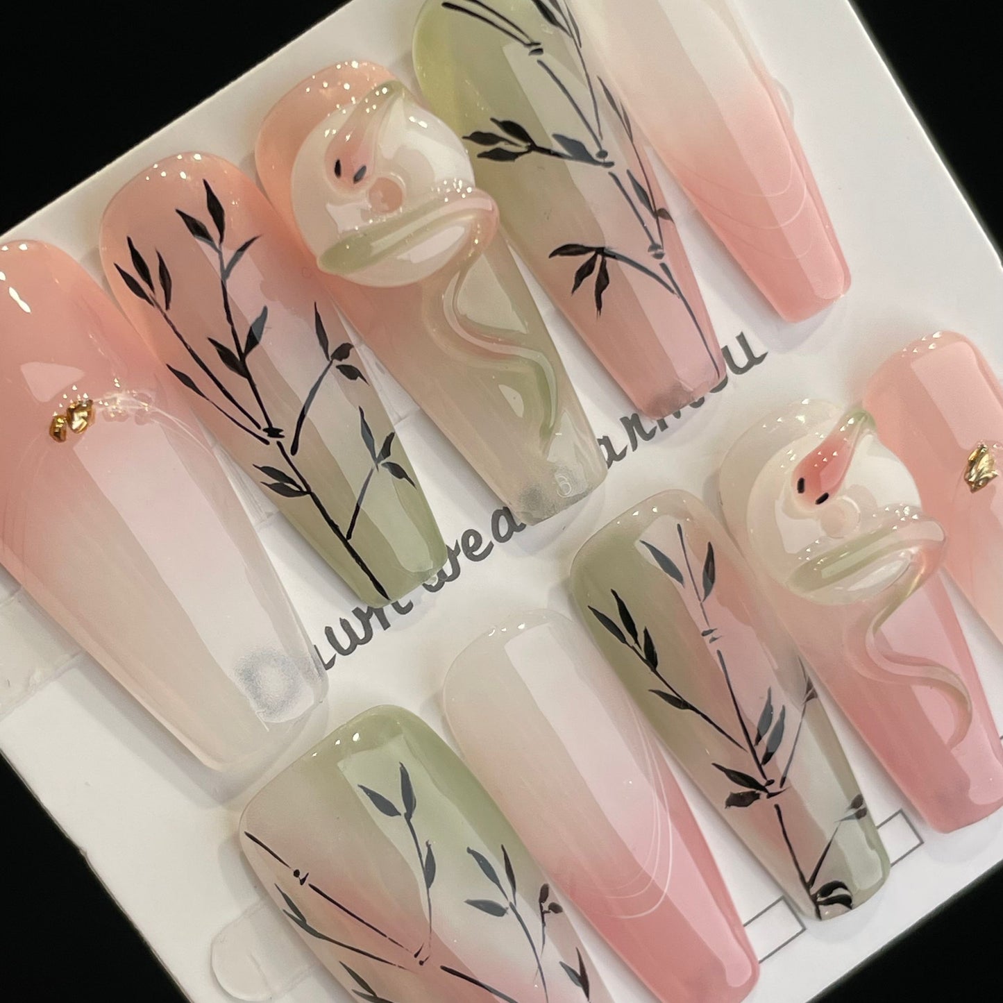 Handmade Press On Nails Long Coffin Pink green bamboo-XiXX