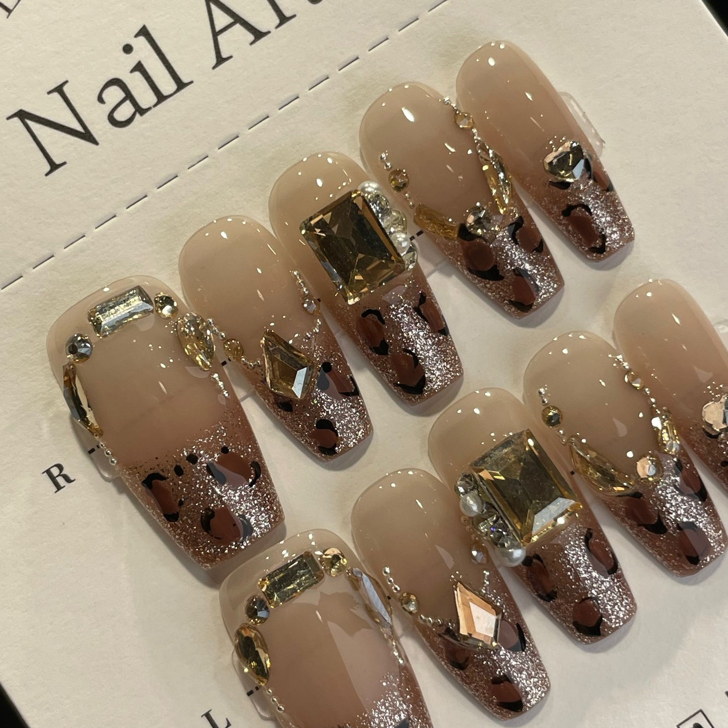 Handmade Press On Nails Long Coffin Leopard French