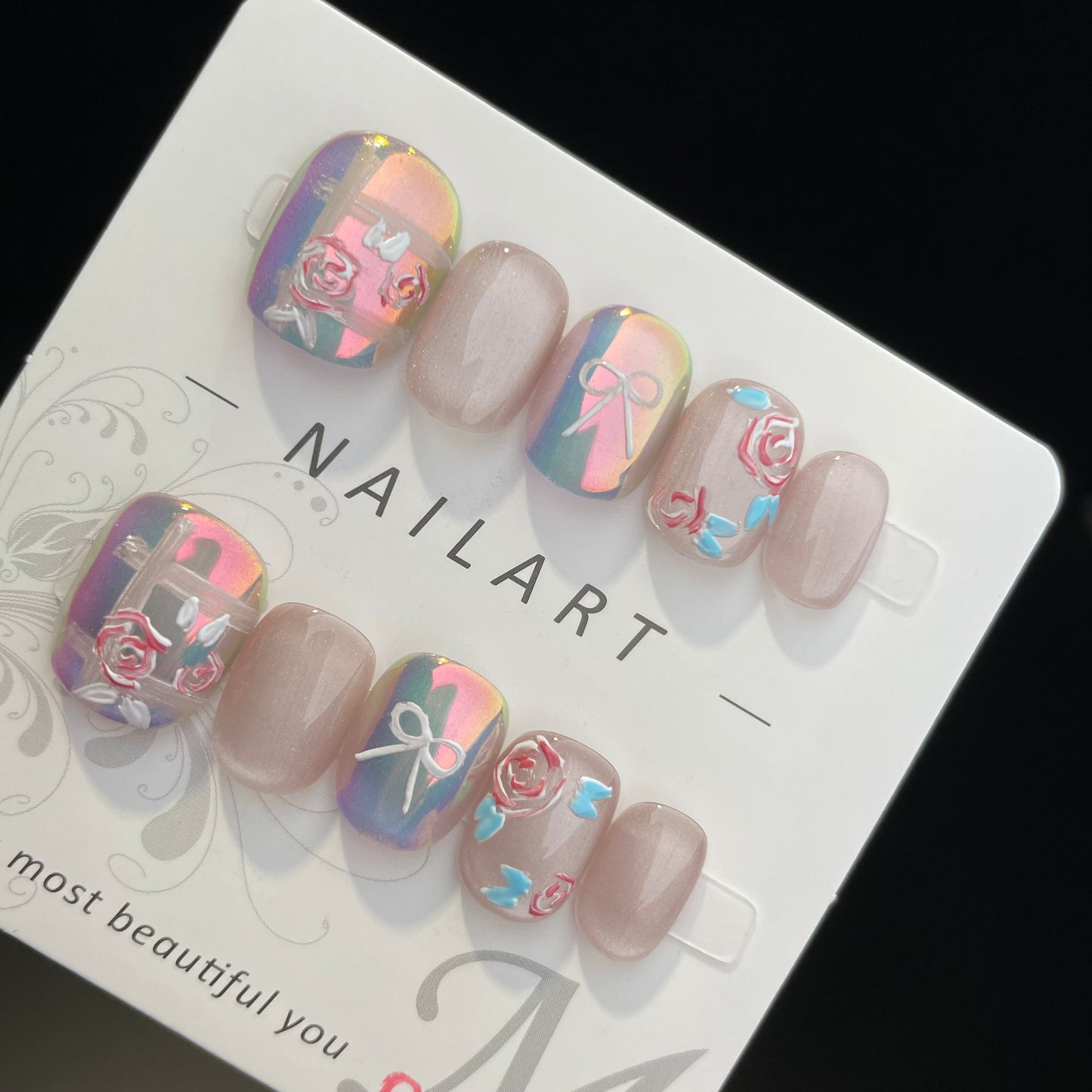 Handmade Press On Nails Short Square Mermaid flower-DaiRS