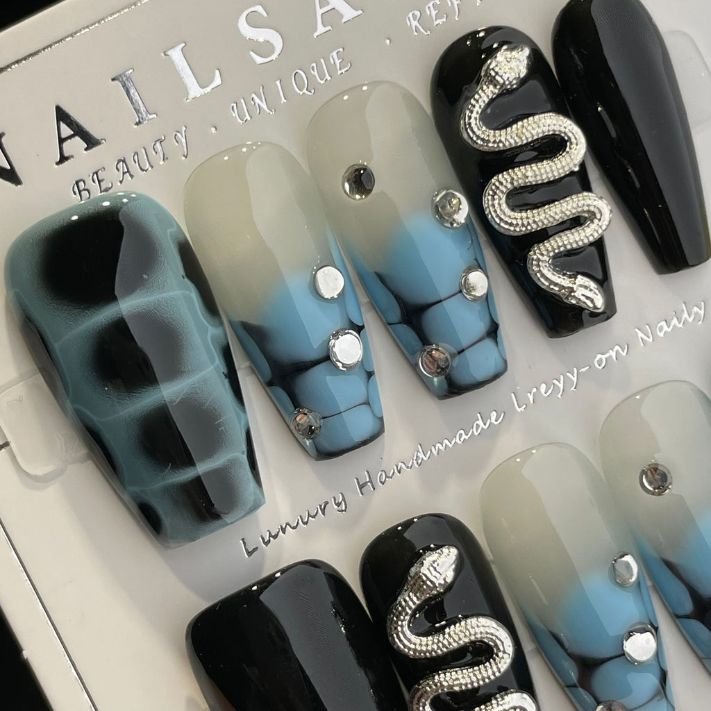 Handmade Press On Nails Long Coffin Blue black diamond snake-YiH