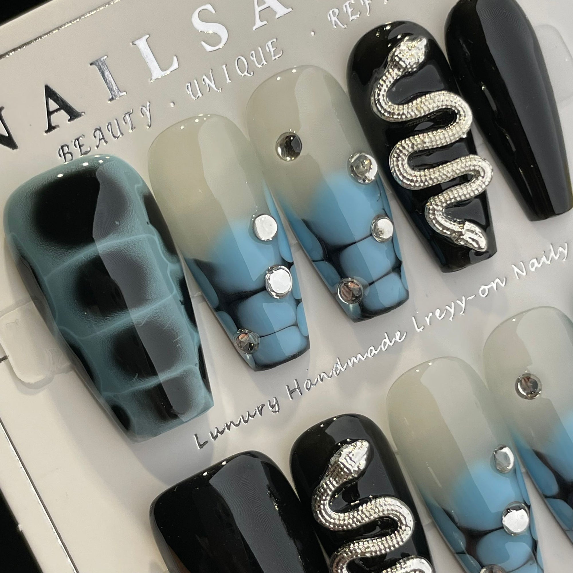 Handmade Press On Nails Long Coffin Blue black diamond snake-YiH
