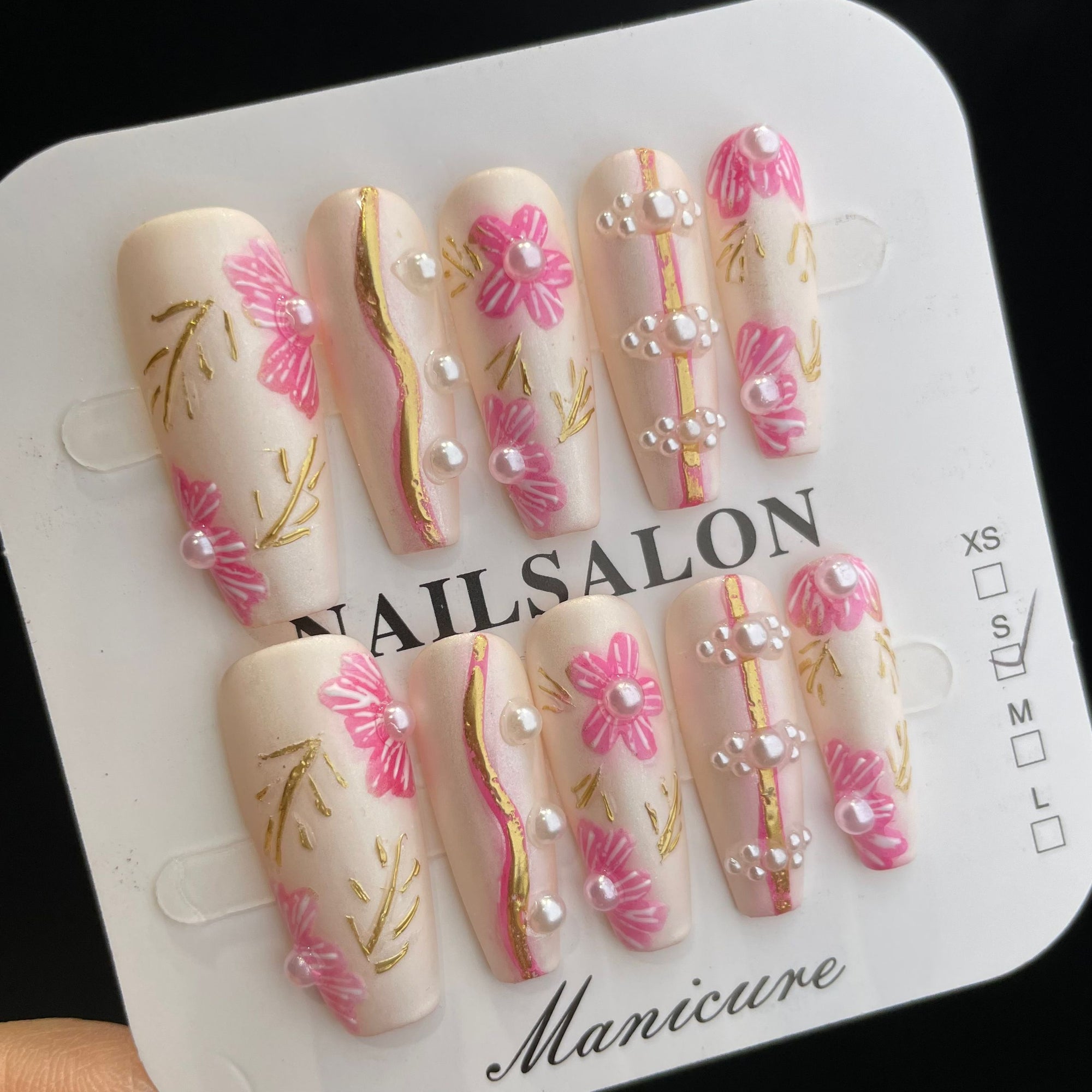 Handmade Press On Nails Long Coffin Pink gold flower-YiH