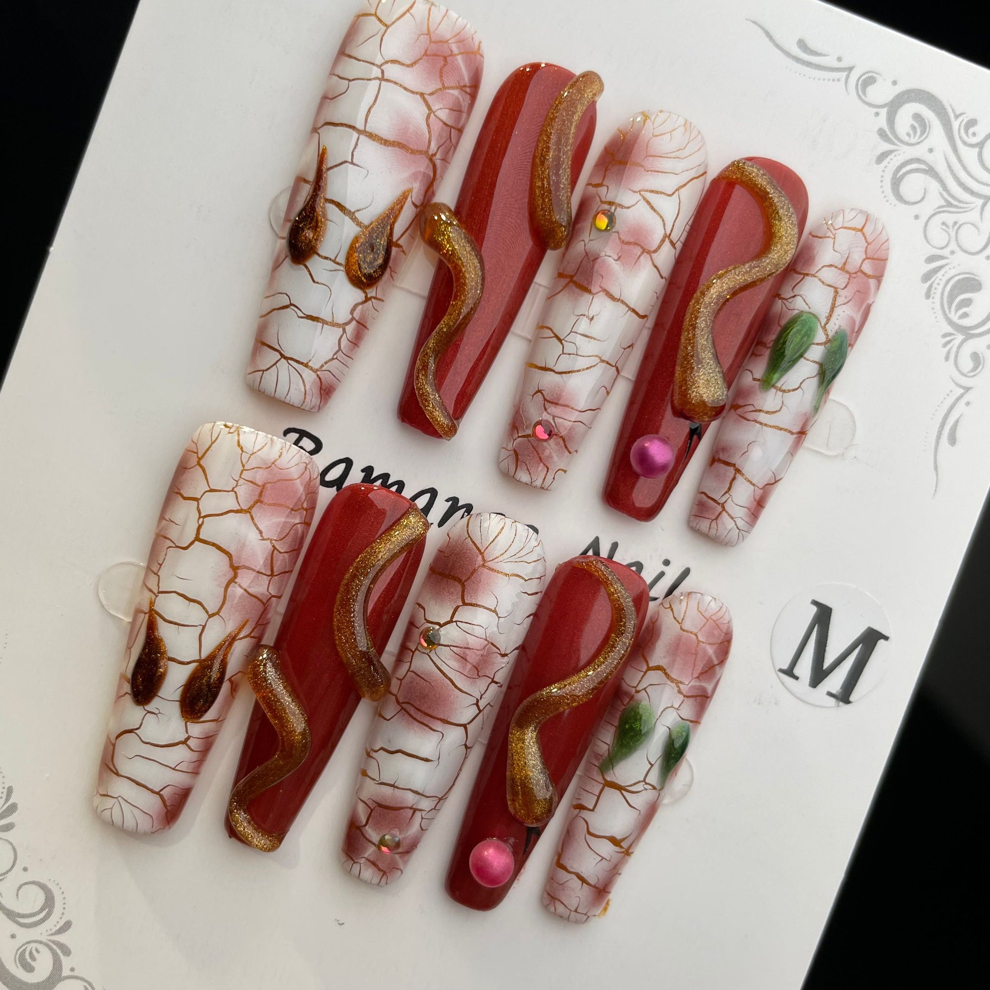 Handmade Press On Nails Extra-Long Coffin Brick red snake scale-YiH