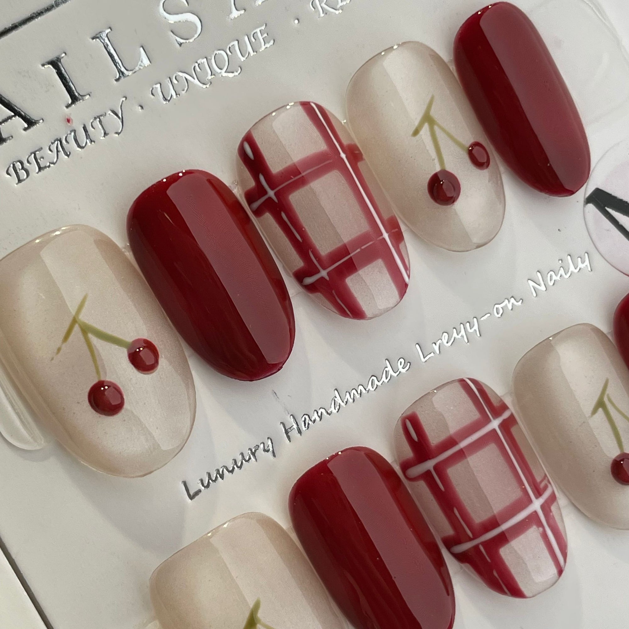 Handmade Press On Nails Short Oval Red cherry check-YiH