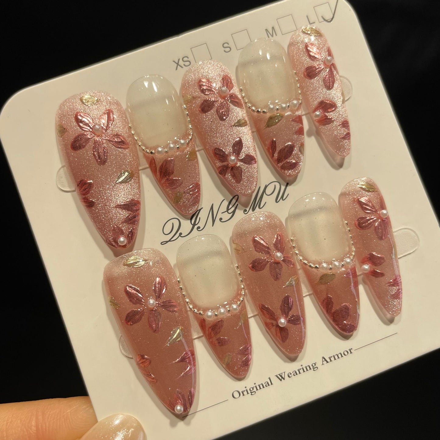 Handmade Press On Nails Long Almond Pink cherry blossom