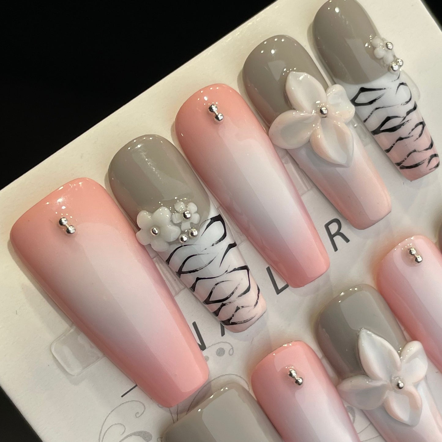 Handmade Press On Nails Long Coffin Pink and grey flowers-DaiRS