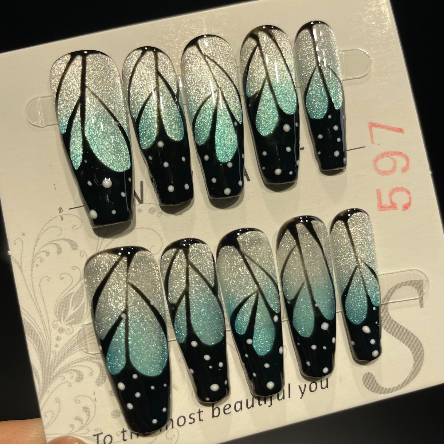 Handmade Press On Nails Long Coffin Blue butterfly wings-DaiRS