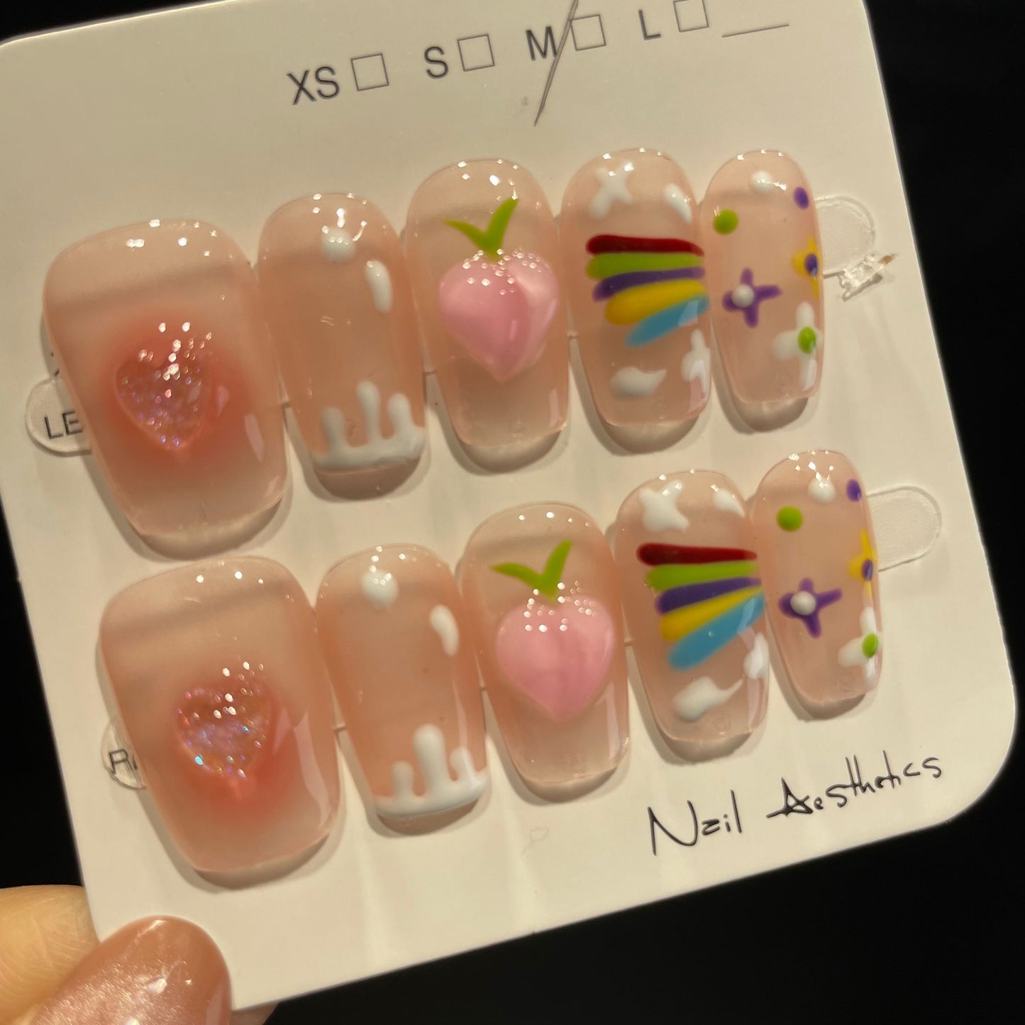 Handmade Press On Nails Medium Coffin A rainbow peach