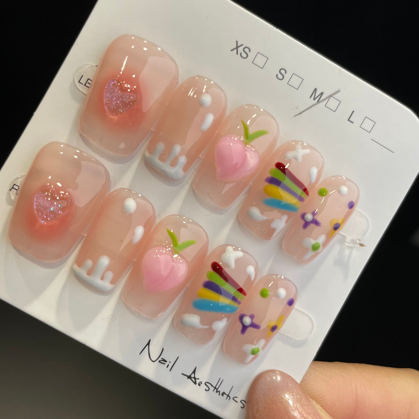 Handmade Press On Nails Medium Coffin A rainbow peach