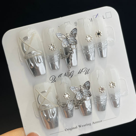 Handmade Press On Nails Long Coffin Silver French butterfly-QingM