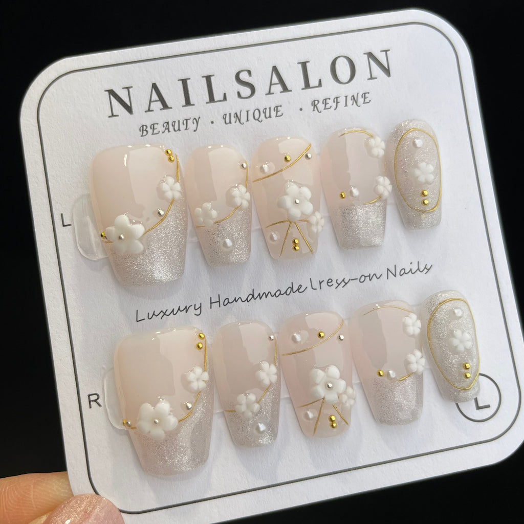 Handmade Press On Nails Medium Coffin Silver flower-YiH