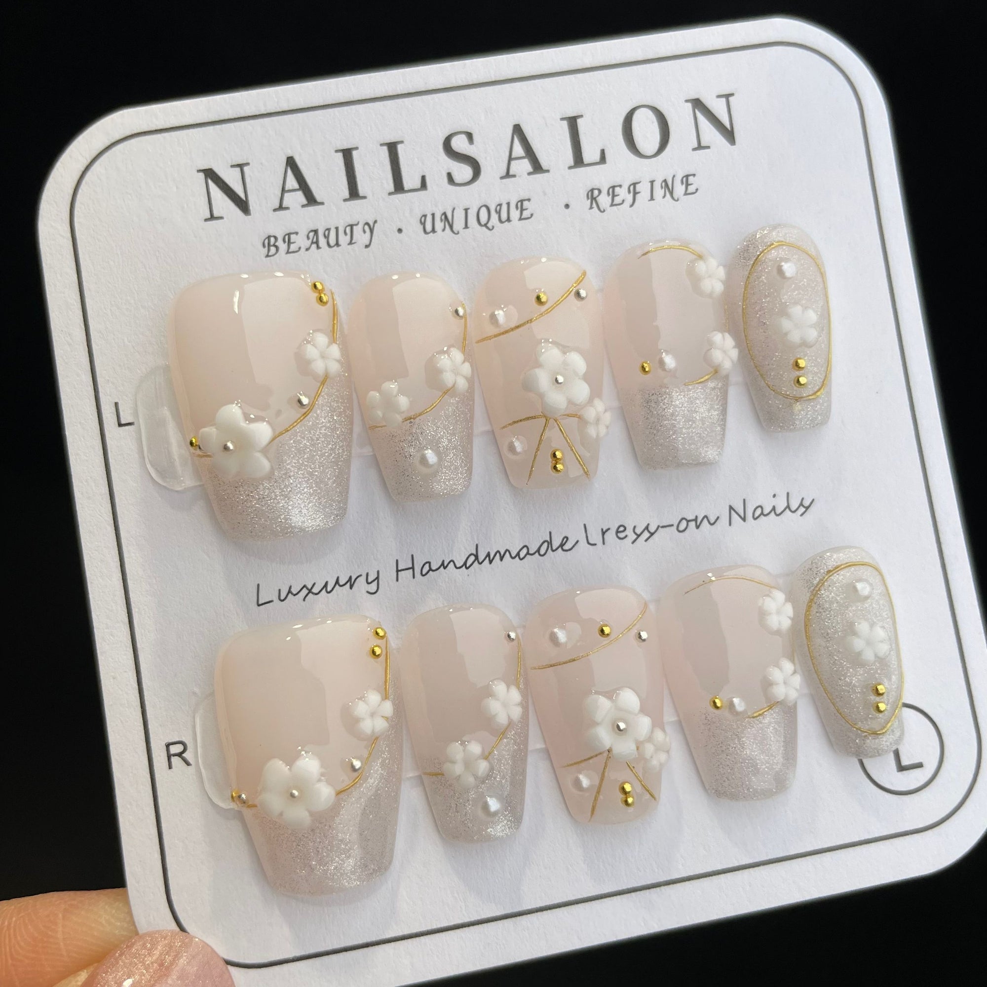 Handmade Press On Nails Medium Coffin Silver flower-YiH