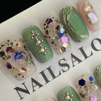 Handmade Press On Nails Medium Coffin Green glitter-YiH