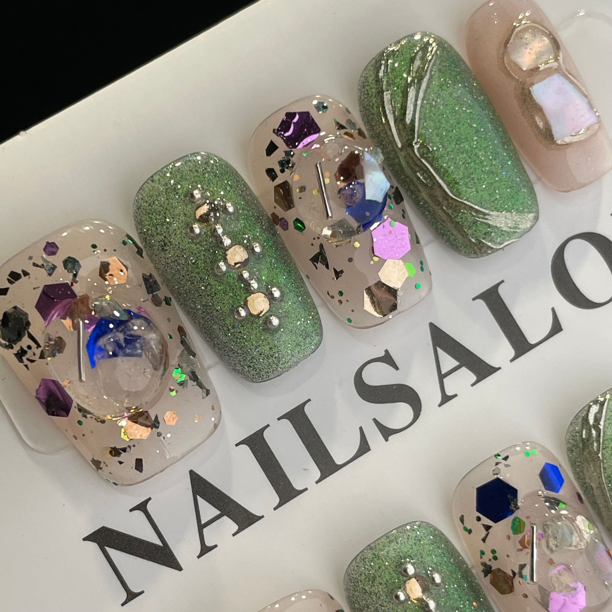Handmade Press On Nails Medium Coffin Green glitter-YiH