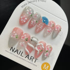 Handmade Press On Nails Long Almond Pink cherry blossom white snake-YiH