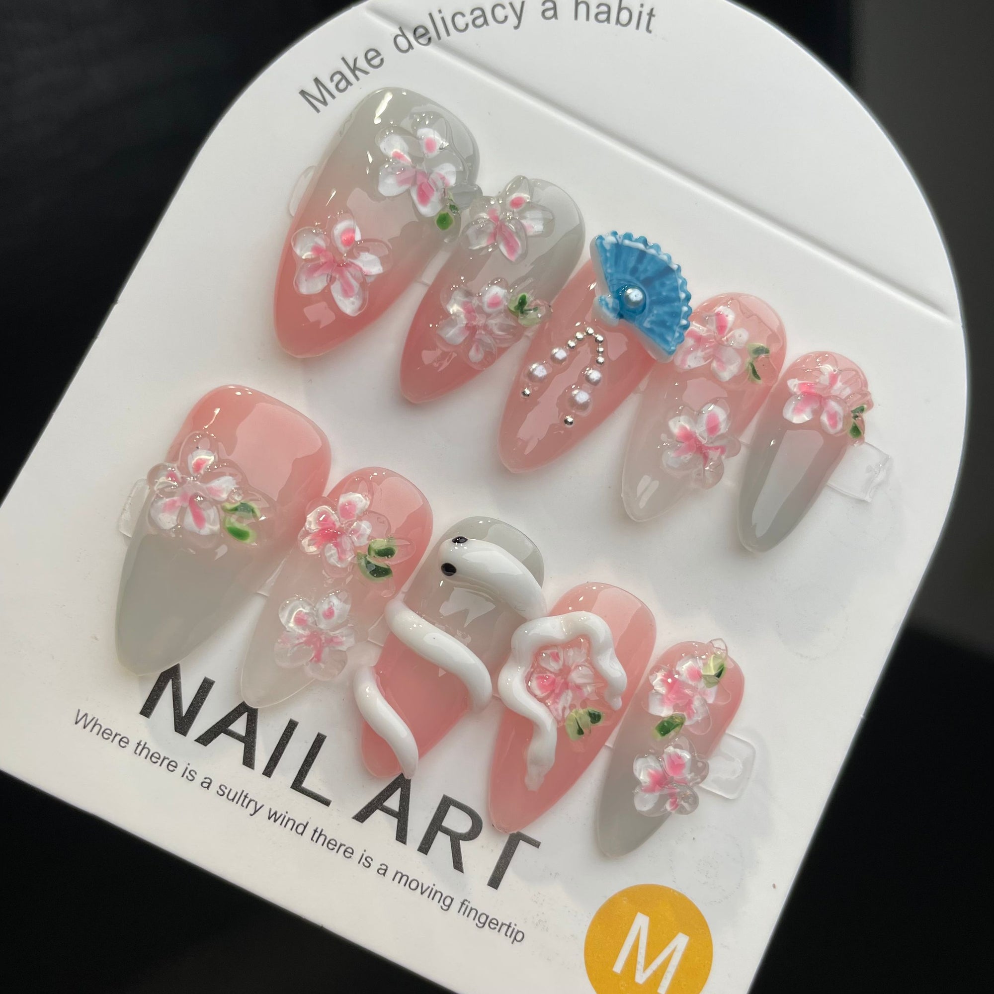 Handmade Press On Nails Long Almond Pink cherry blossom white snake-YiH