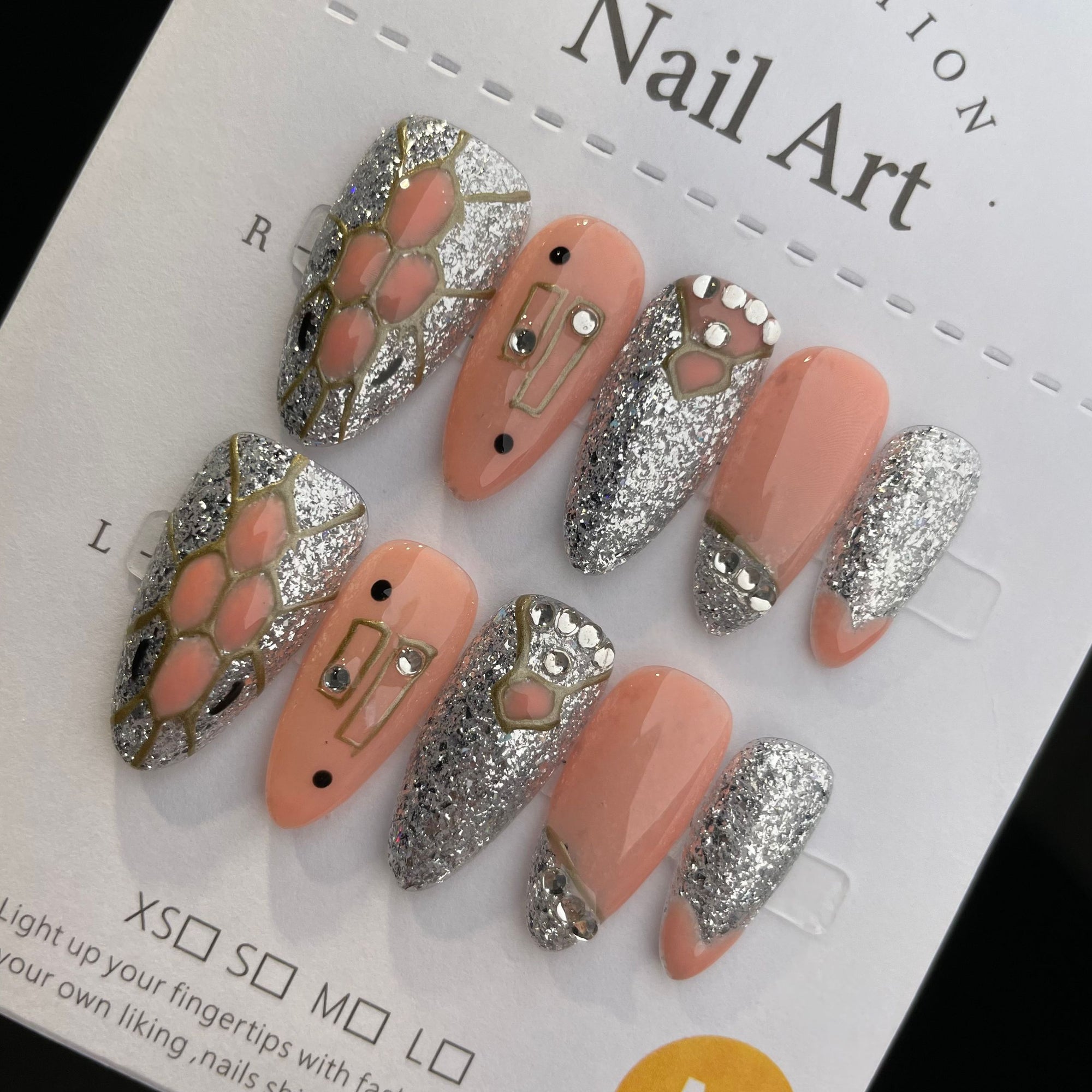 Handmade Press On Nails Long Almond Silver Medusa-YiH