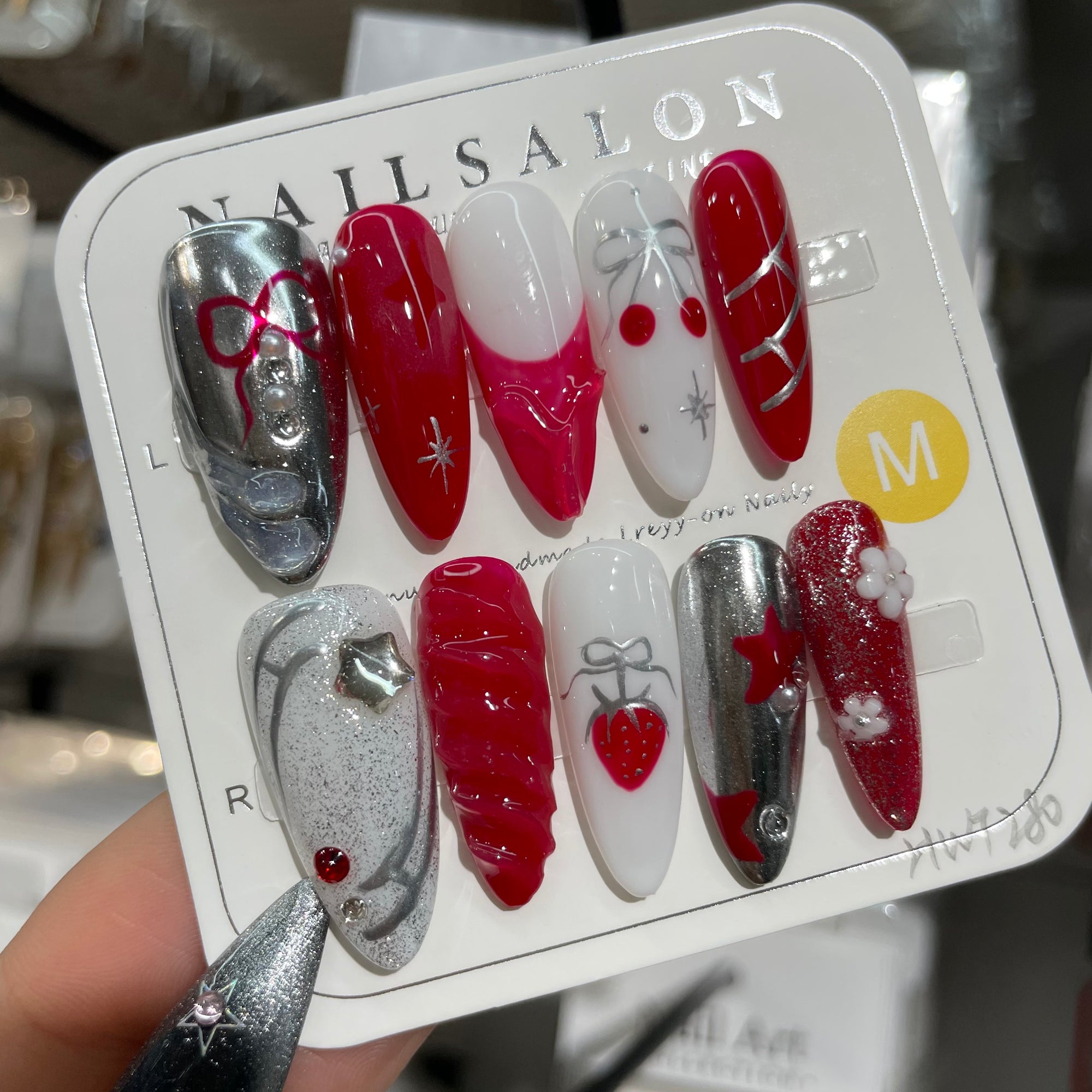 Y-H hande made press on nails Strawberry Cherry 004