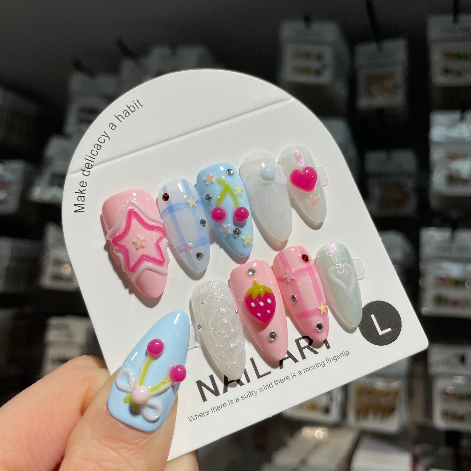 Y-H  hand made press on nails Strawberries, cherries and stars 003