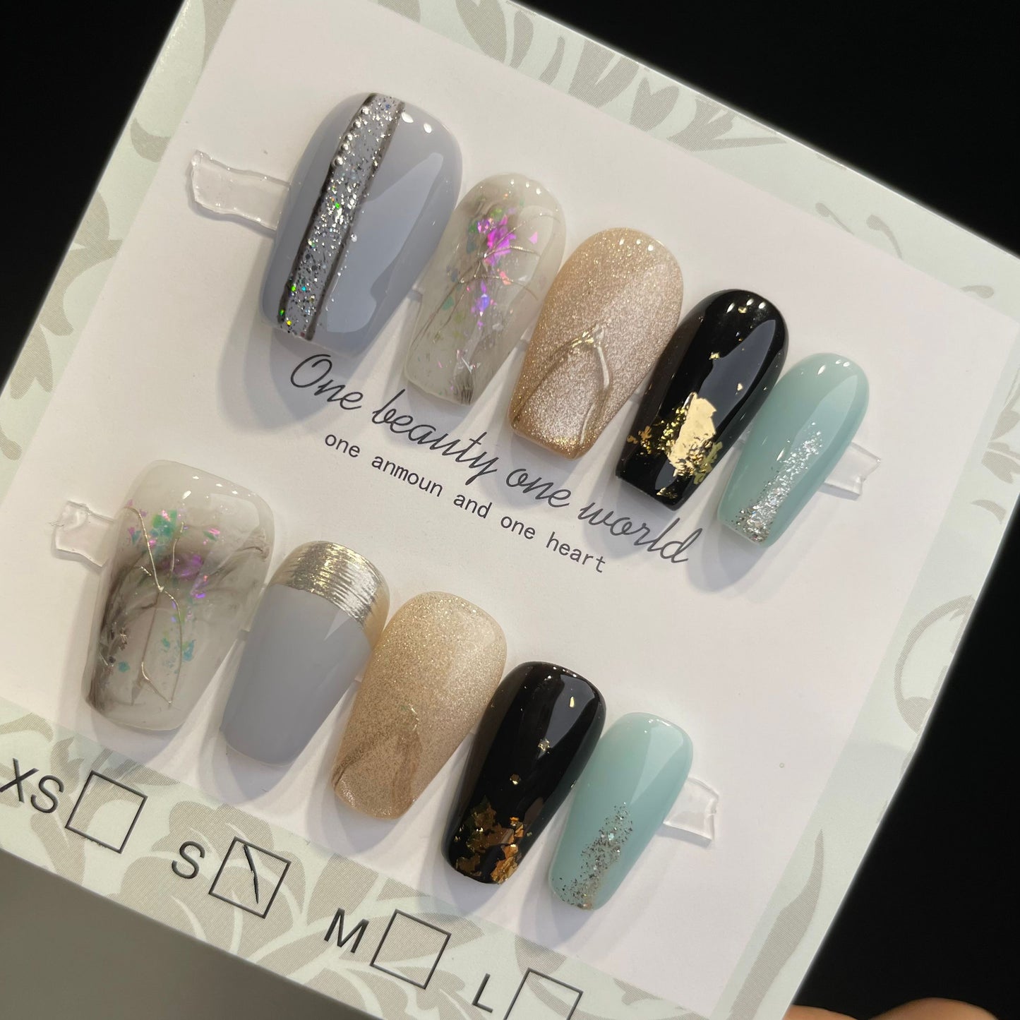 Handmade Press On Nails Medium Coffin Ice blue champagne