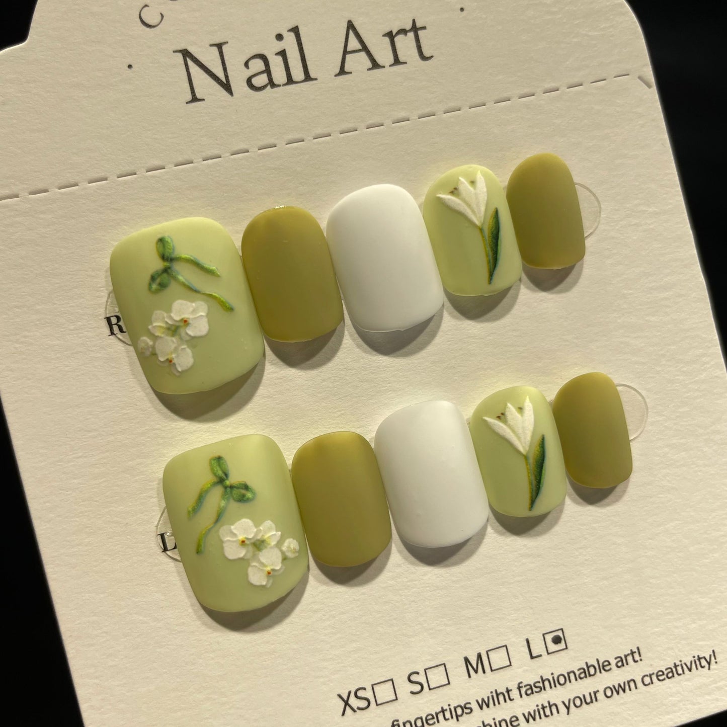 Handmade Press On Nails Short Square Elegant green flowers