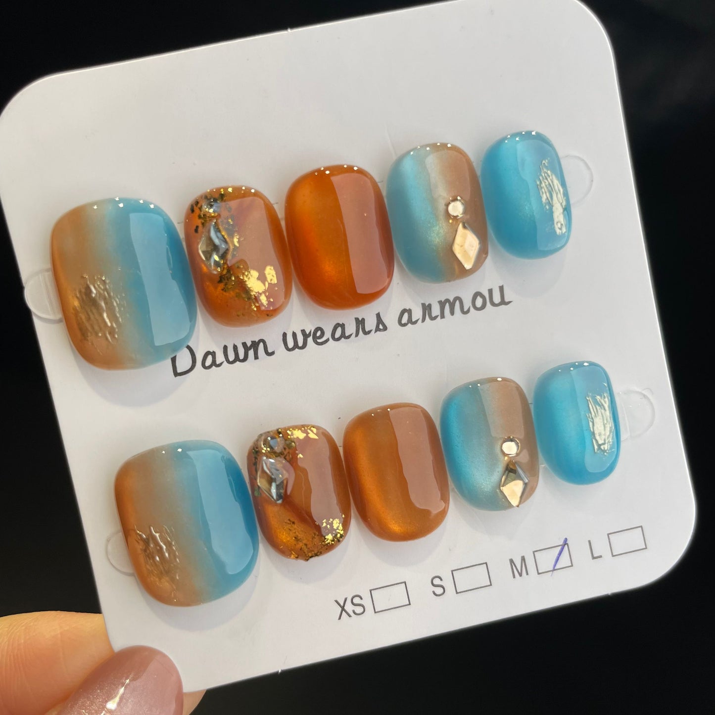 Handmade Press On Nails Short Square Orange and blue of Dunhuang-XiXX