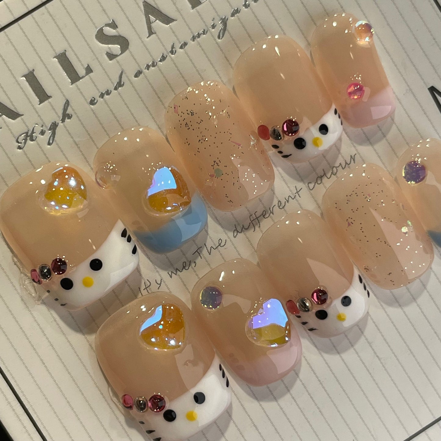 Handmade Press On Nails Short Square Cute Little Cat