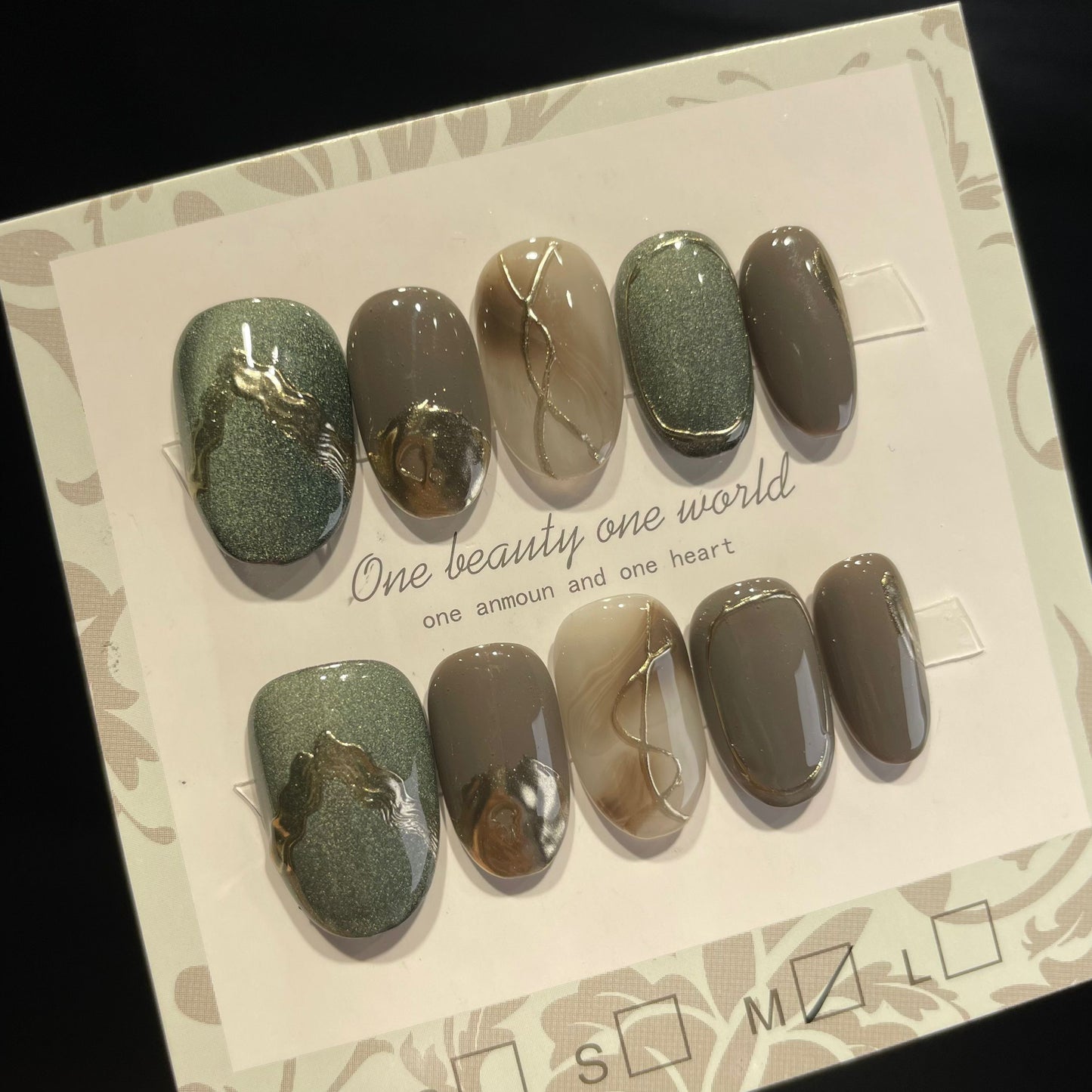 Handmade Press On Nails Short Oval Gray and green gold