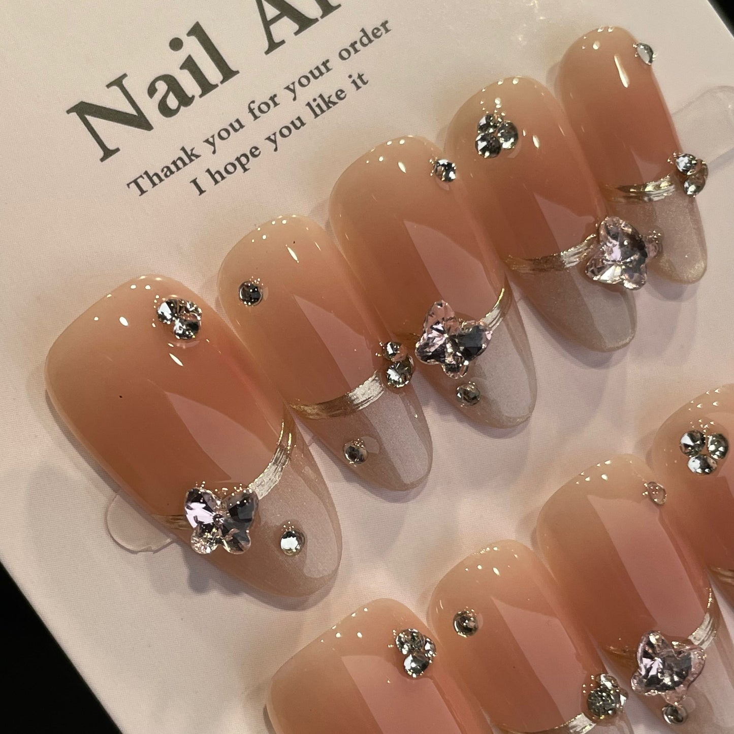 Handmade Press On Nails Long Almond French diamond