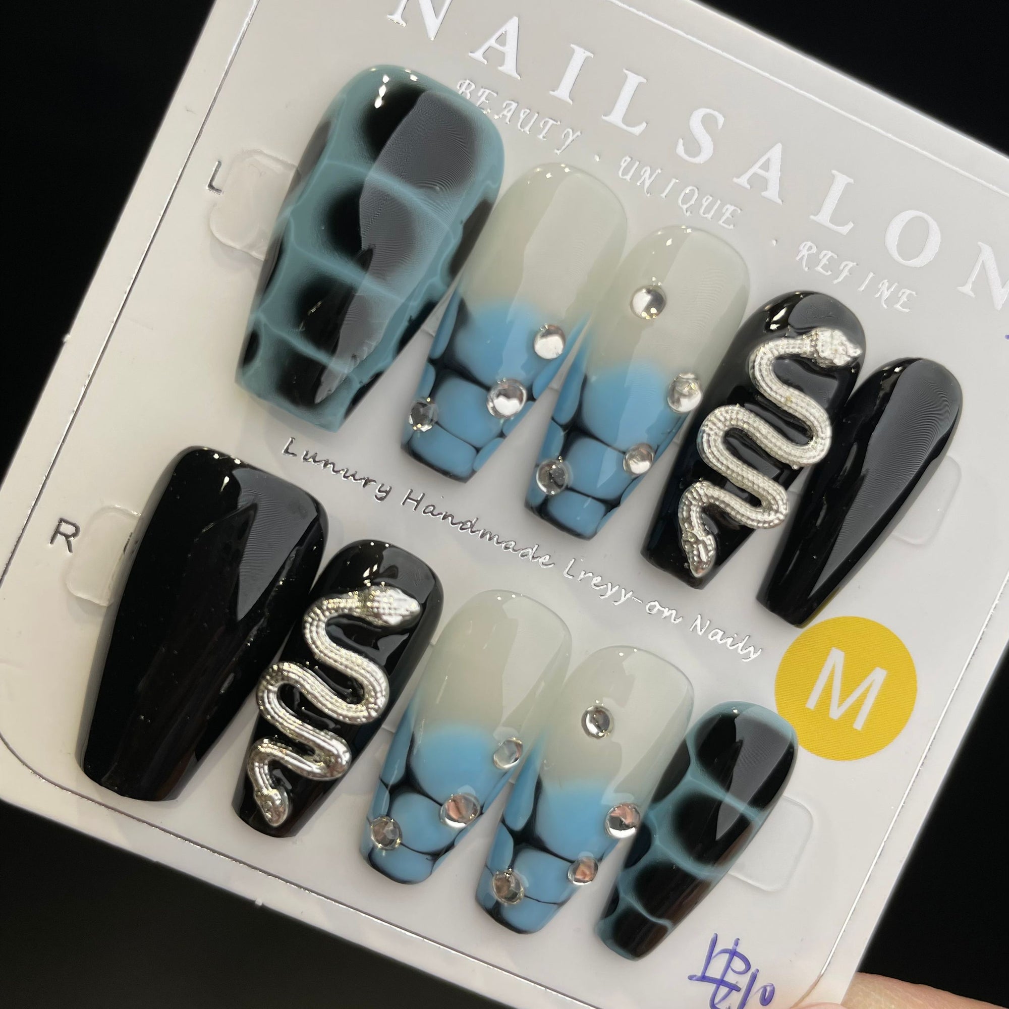 Handmade Press On Nails Long Coffin Blue black diamond snake-YiH