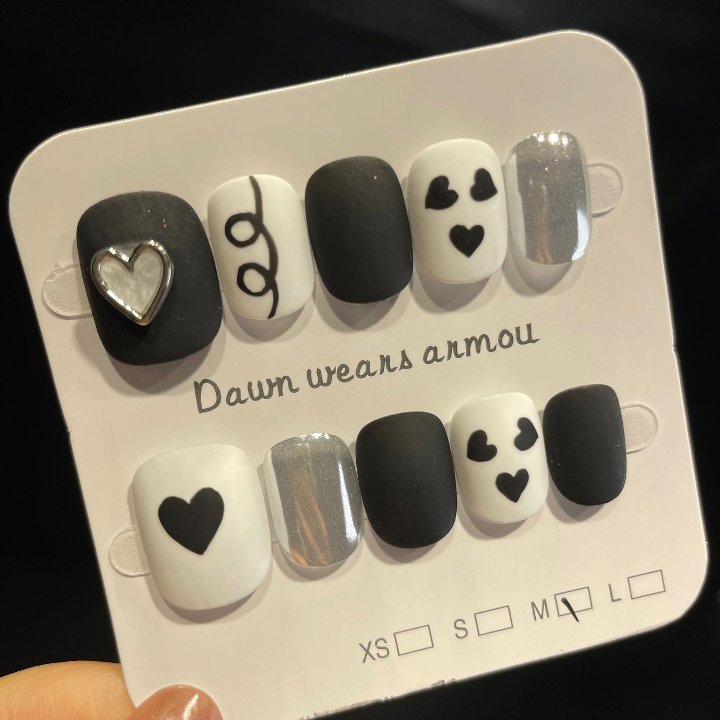 Handmade Press On Nails Short Square Black and white love-XiXX