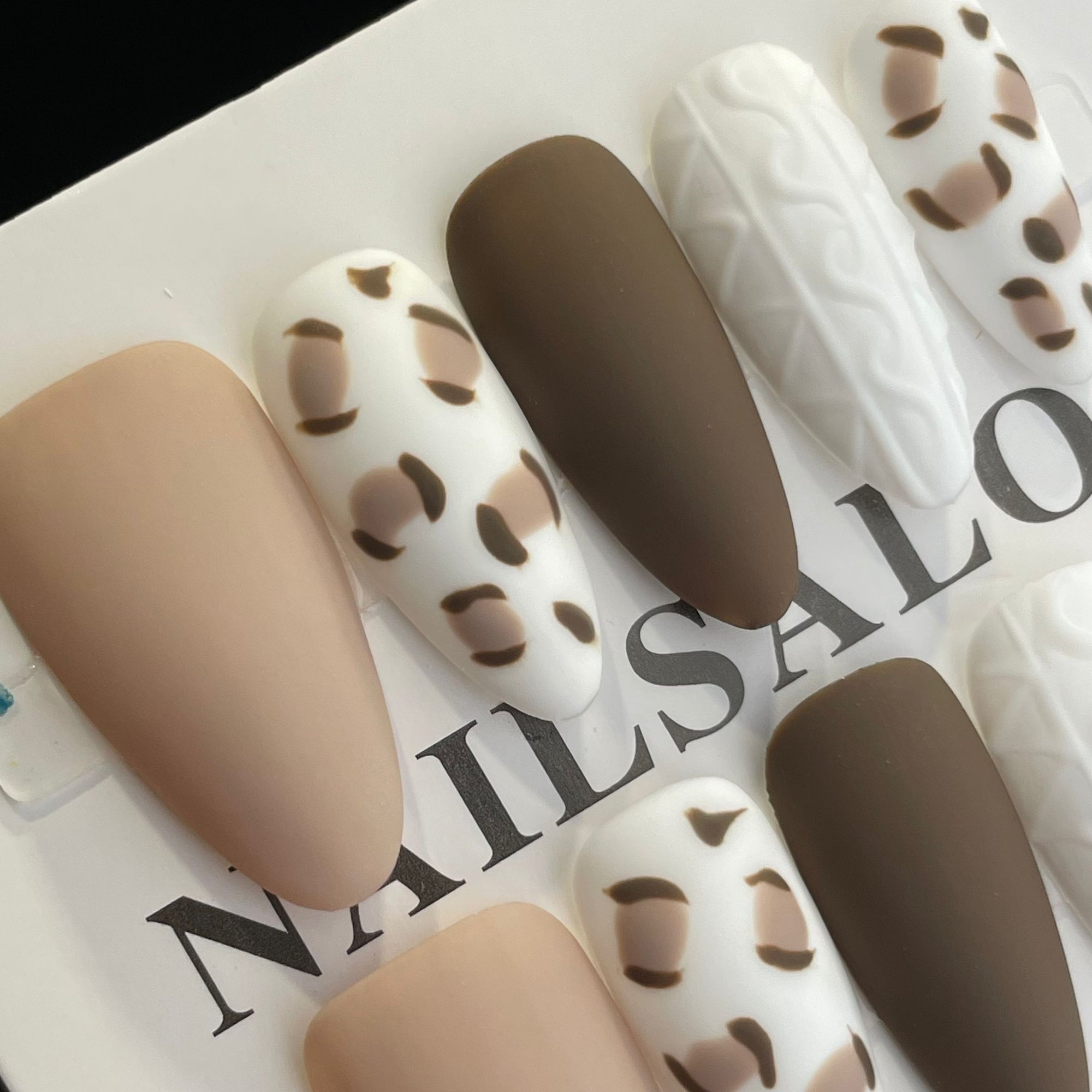 Handmade Press On Nails Long Almond Brown and white sweater-YiH