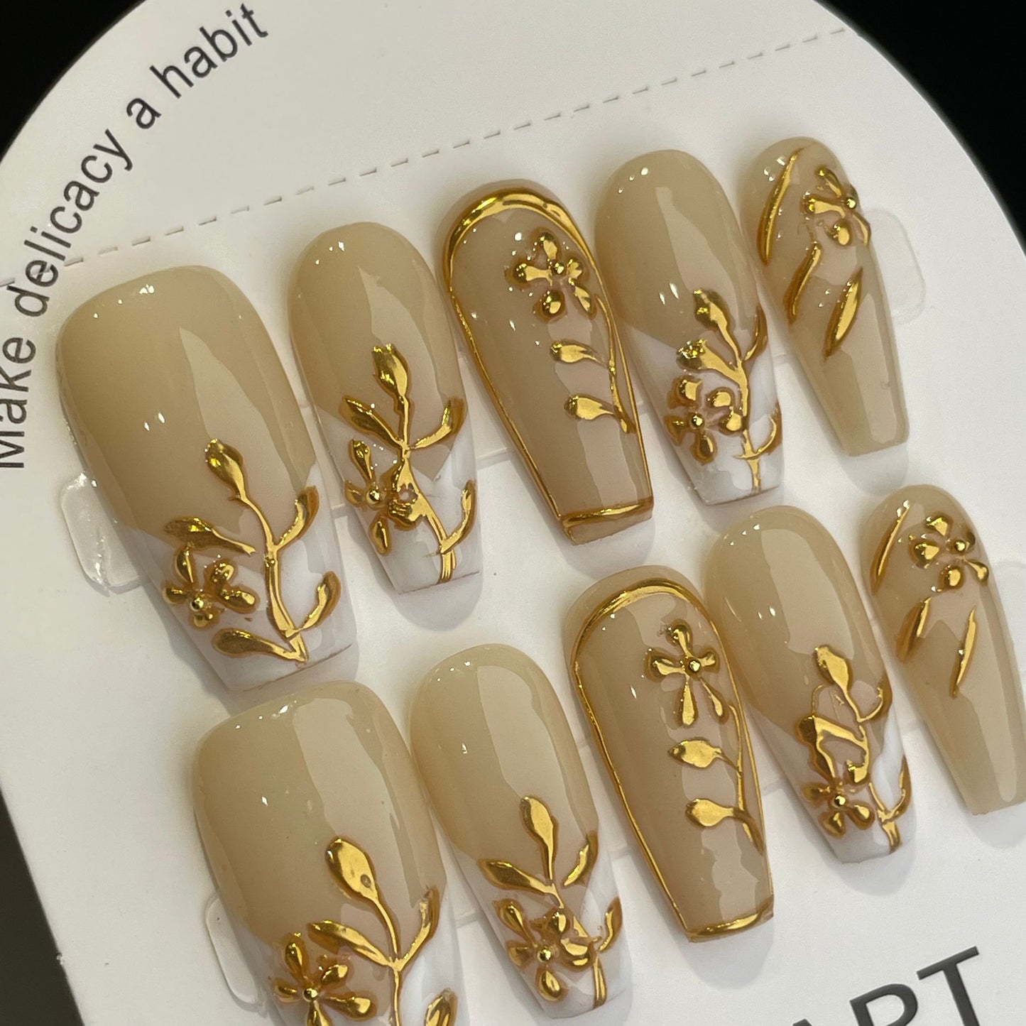 Handmade Press On Nails Long Coffin Autumn gold leaf French