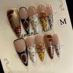 Handmade Press On Nails Long Stiletto Bean paste with hand pinch-YiH