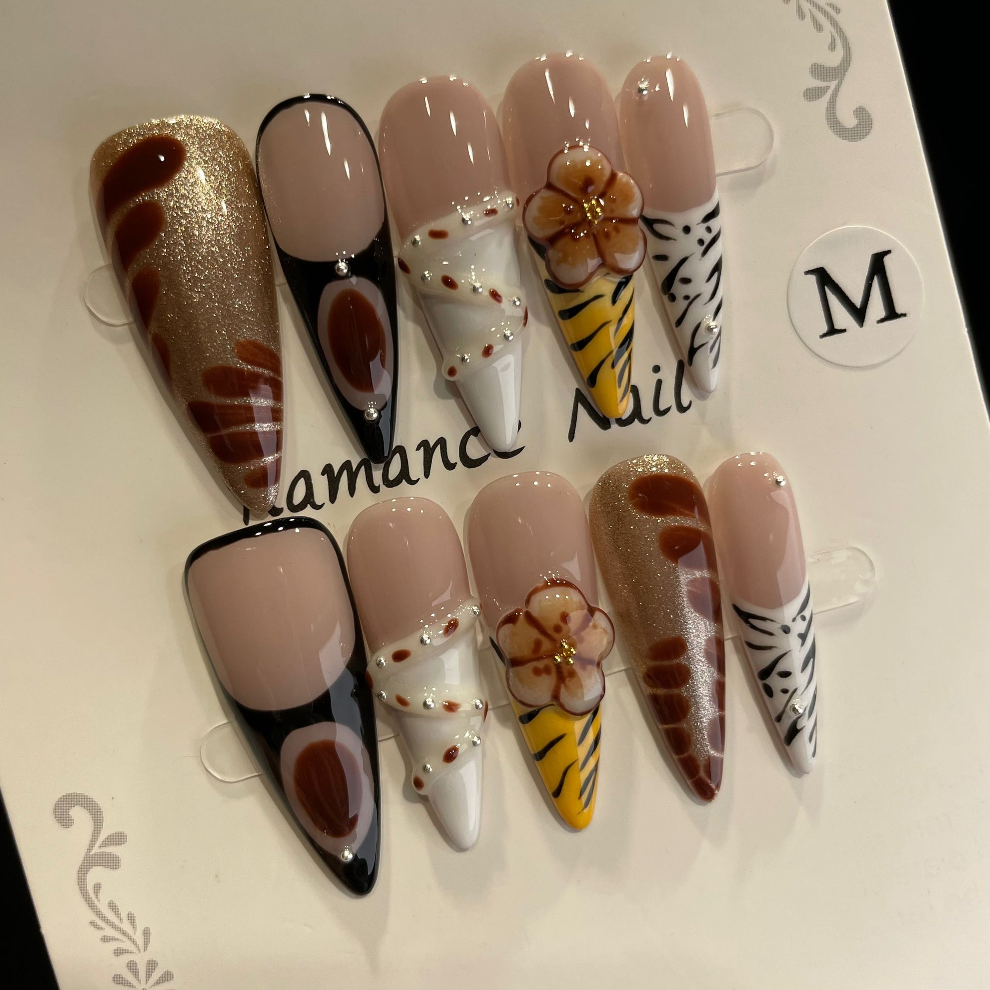 Handmade Press On Nails Long Stiletto Bean paste with hand pinch-YiH