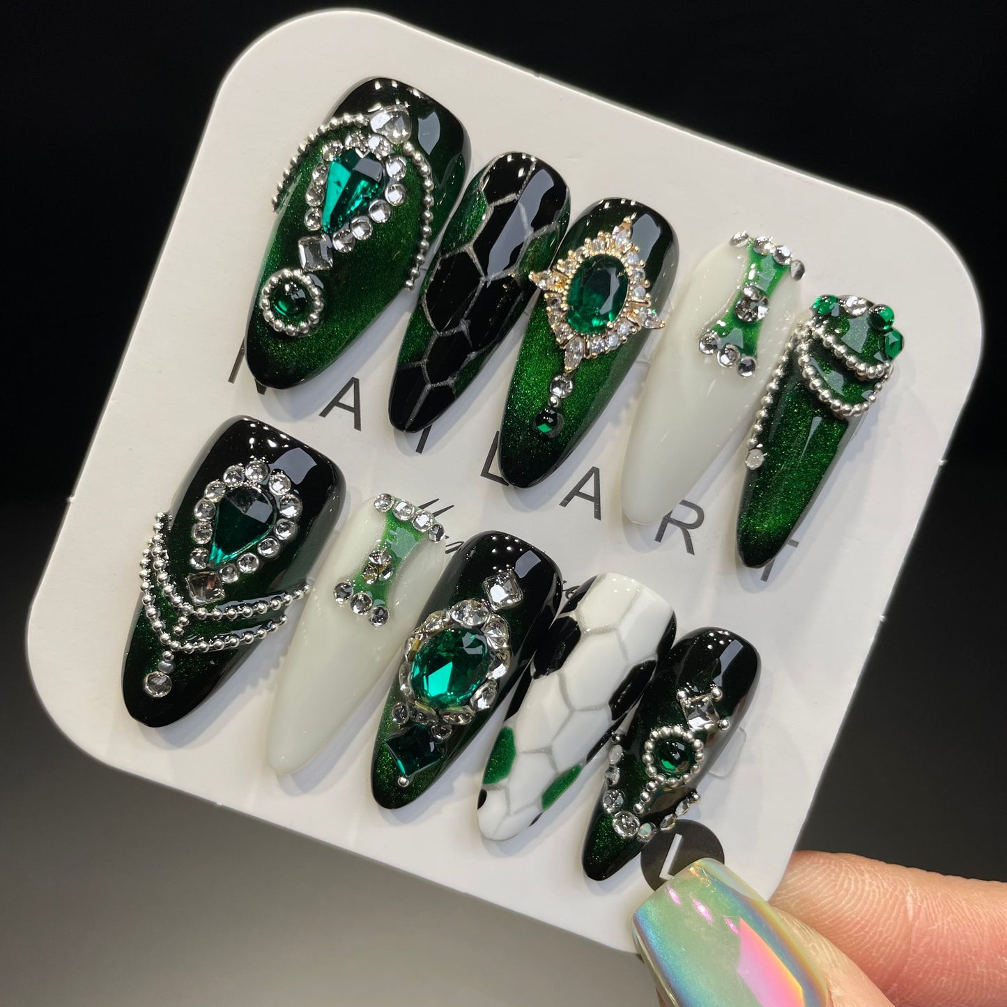 Handmade Press On Nails Long Almond The Emerald Phantom