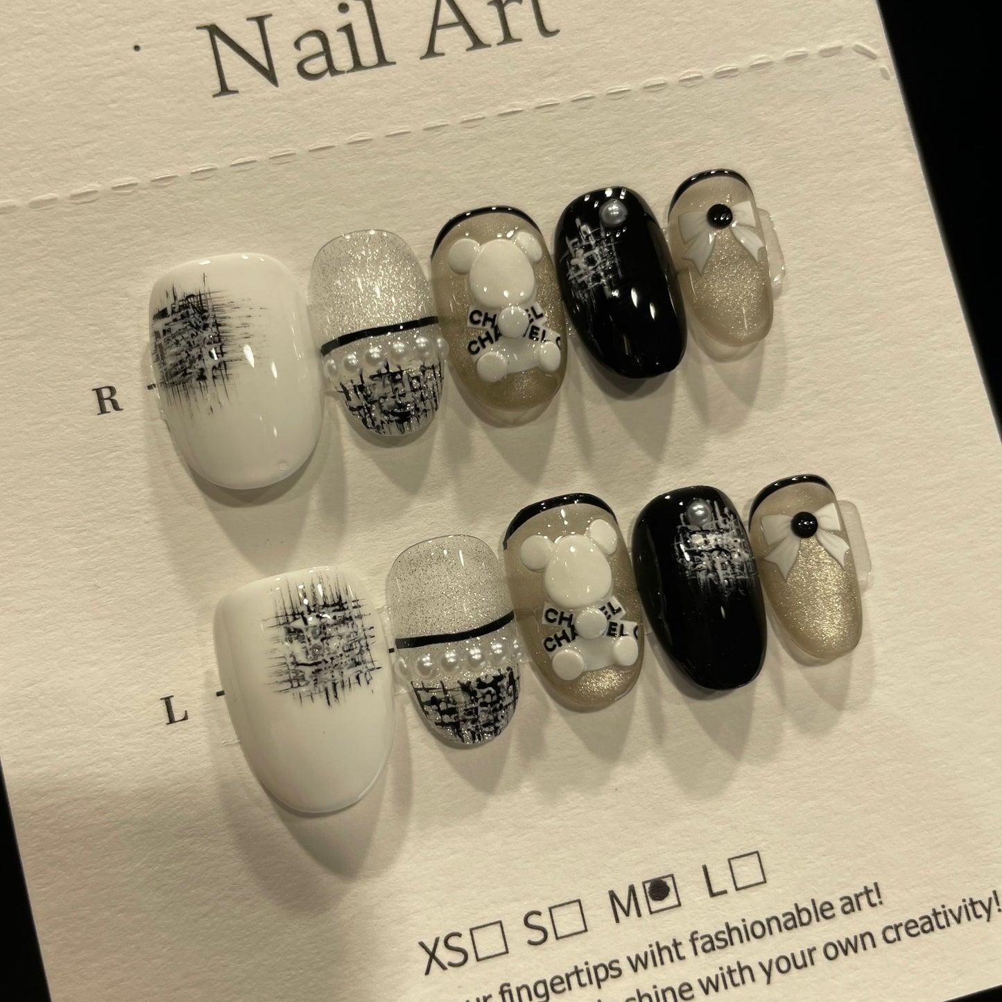 Handmade Press On Nails Short Oval Black and white bear