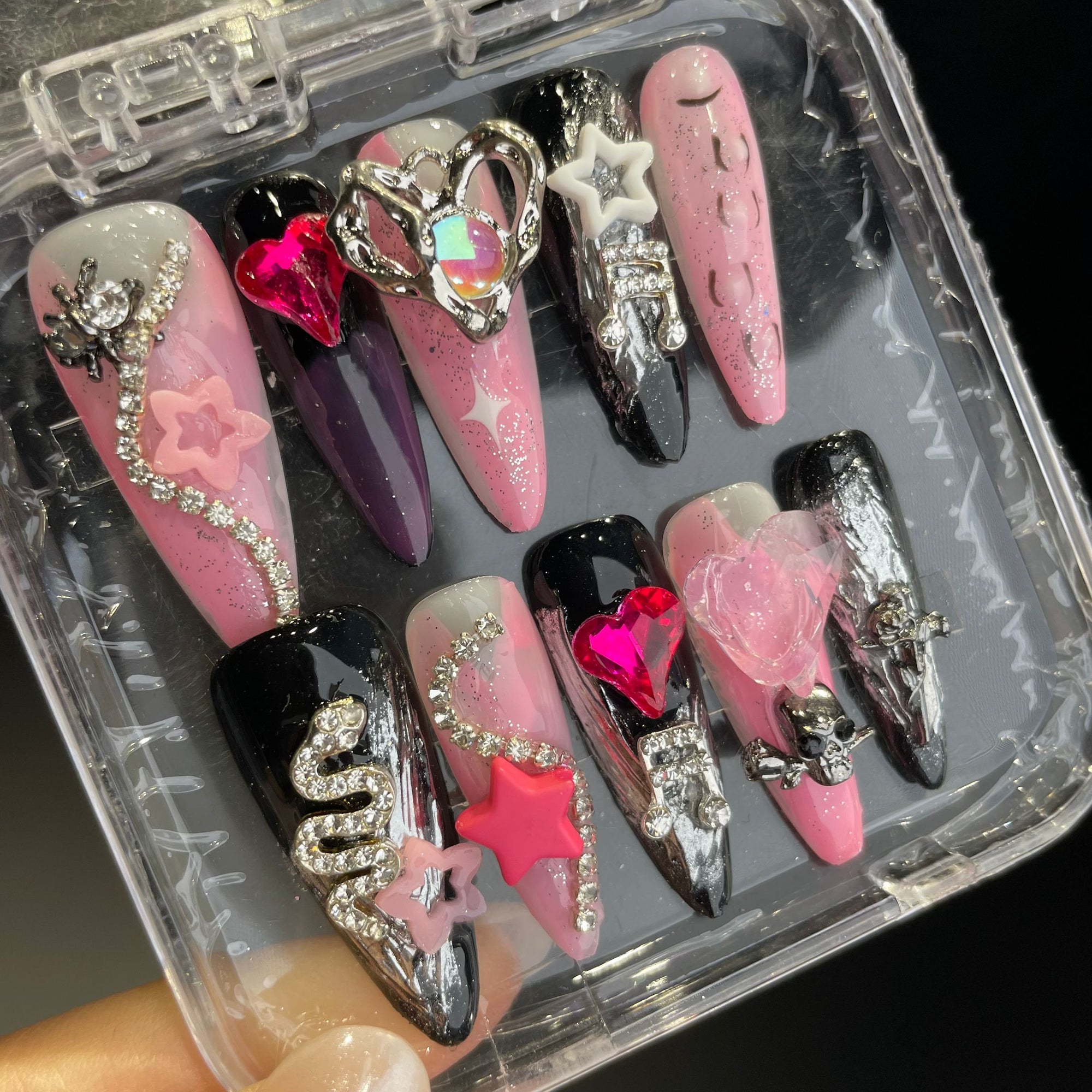 Handmade Press On Nails Long Stiletto Love star snake